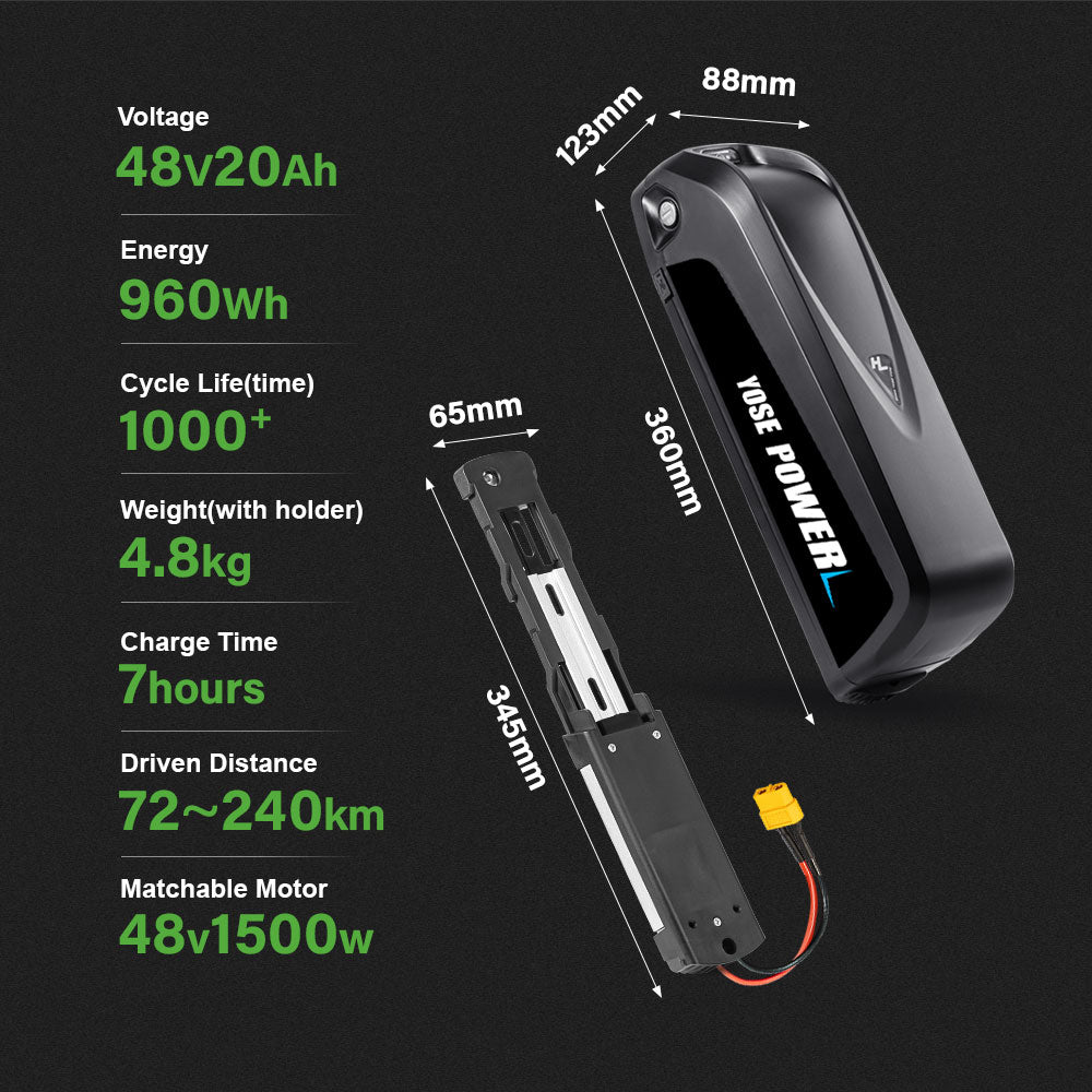 48V20Ah HaiLong G80 Down Tube Lithium-ion Black Pedelec Battery with USB ,Charger,Key,Discharger Connector，5 Gold-plated round plug 1.Technical Data Voltage: 48V Capacity: 20Ah Discharging plug: 5 Gold-plated round plug Energy: 960Wh Weight(with holder): ca. 4.8kg Cell: Lishen-LR2170SD Cycle Life(time): 1000+ USB Outpu: 5V1A Max Current: 40A Protect Current: 70A End Voltage: 36.4V Charge Voltage: 54.6V Charge Current: 3A