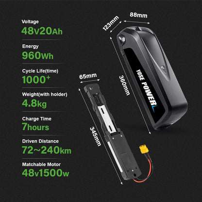 48V20Ah HaiLong G80 Down Tube Lithium-ion Black Pedelec Battery with USB ,Charger,Key,Discharger Connector，5 Gold-plated round plug 1.Technical Data Voltage: 48V Capacity: 20Ah Discharging plug: 5 Gold-plated round plug Energy: 960Wh Weight(with holder): ca. 4.8kg Cell: Lishen-LR2170SD Cycle Life(time): 1000+ USB Outpu: 5V1A Max Current: 40A Protect Current: 70A End Voltage: 36.4V Charge Voltage: 54.6V Charge Current: 3A
