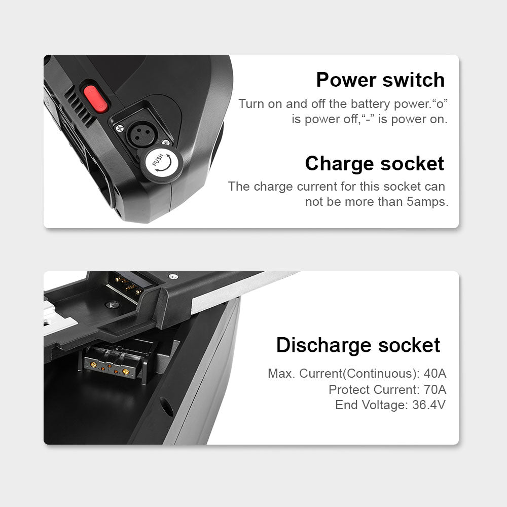 48V20Ah HaiLong G80 Down Tube Lithium-ion Black Pedelec Battery with USB ,Charger,Key,Discharger Connector，5 Gold-plated round plug 1.Technical Data Voltage: 48V Capacity: 20Ah Discharging plug: 5 Gold-plated round plug Energy: 960Wh Weight(with holder): ca. 4.8kg Cell: Lishen-LR2170SD Cycle Life(time): 1000+ USB Outpu: 5V1A Max Current: 40A Protect Current: 70A End Voltage: 36.4V Charge Voltage: 54.6V Charge Current: 3A