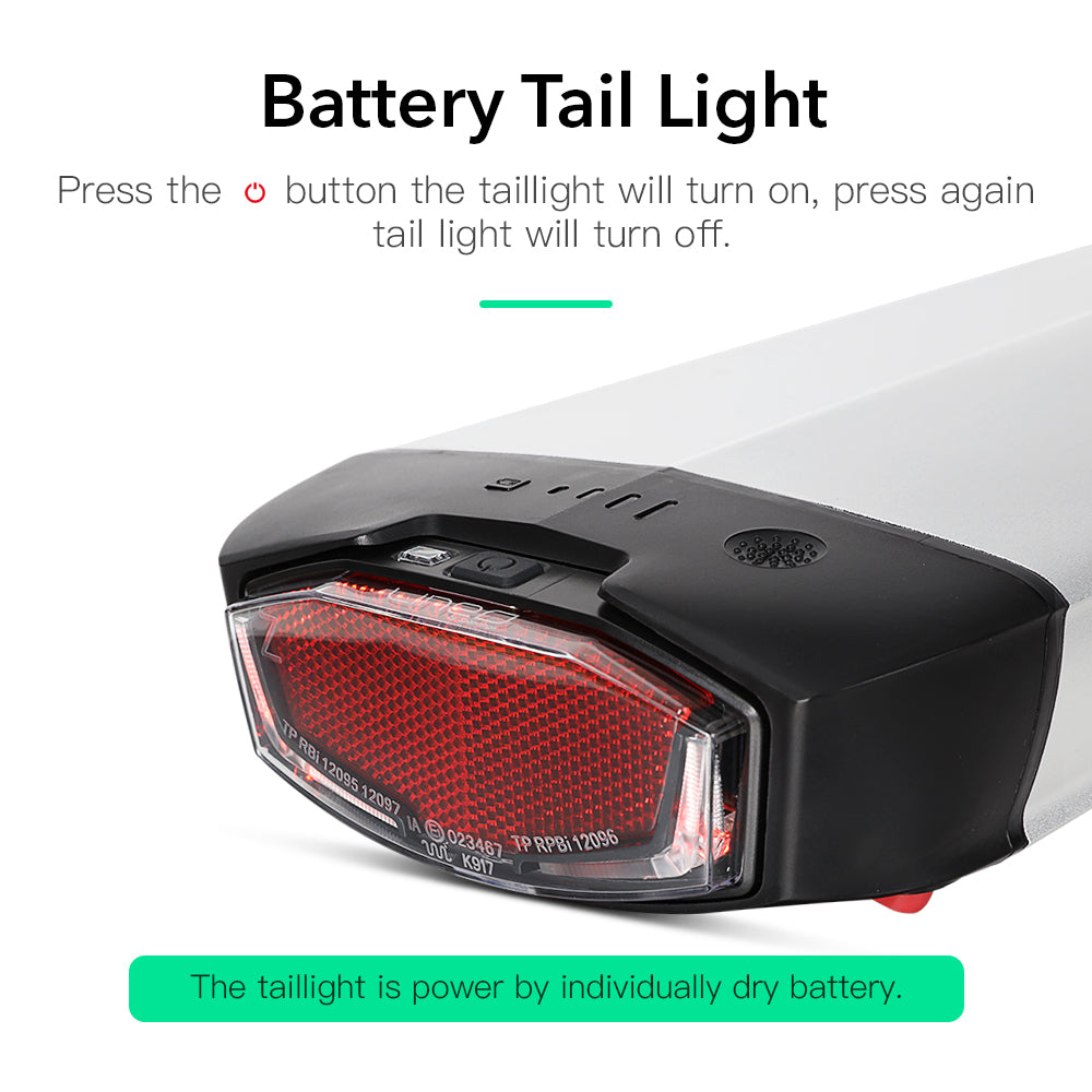 36V 13Ah Lithium Battery with Rear Carrier Fit for 36V 250W-750W Motor 26"-28" Bike only Fit V-Brakes  1.Technical Data  Voltage: 36V  Capacity: 13Ah  Energy: 481Wh  Weight(with holder): ca. 7.1kg  Cell: High Power 18650 Cycle Life(time): 1000+ Max Current: 40A Protect Current: 50A End Voltage: 28V  Charge Voltage: 42V Charge Current: 2A 