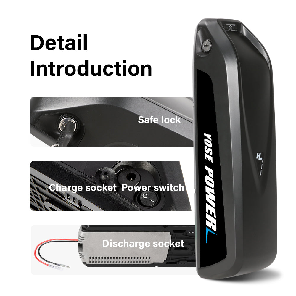 36V 13Ah Down Tube HaiLong 18650 Pedelec Lithium-ion Black Electric  Bicycle Battery, 4Pins Plug and XT60 Adapter ,with Charger,Key,Discharger Connector  1.Technical Data  Voltage: 36V Capacity:  13Ah Discharging plug: 4 Pins Energy:  481Wh Weight(with holder): ca.  3.2kg Cell: High Power 18650 Cycle Life(time): 1000+ Standard Current: 10A Max Current: 20A Protect Current: 50A End Voltage:  28V Charge Voltage: 42V Charge Current: 2A