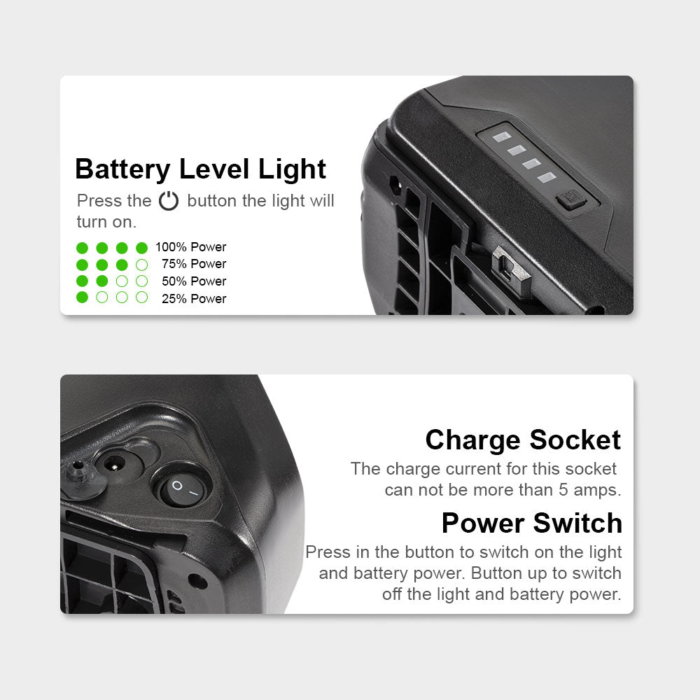 E-Bike Battery 48V 17.4Ah Li-ion Pedelec Battery with Anderson Plug E-Bike Down Tube  for 48V 250W-1200W Motor Kit, with Chager,key,Discharger connector  1.Technical Data  Voltage: 48V Capacity: 17.4Ah Energy: 837Wh Discharging plug: 5 Pins Weight(with holder): ca. 4.7kg Cell: High Power 18650 Cycle Life(time): 1000+ Standard Current: 10A Max Current: 30A Protect Current: 60A End Voltage: 36.4V Charge Voltage: 54.6V Charge Current: 3A