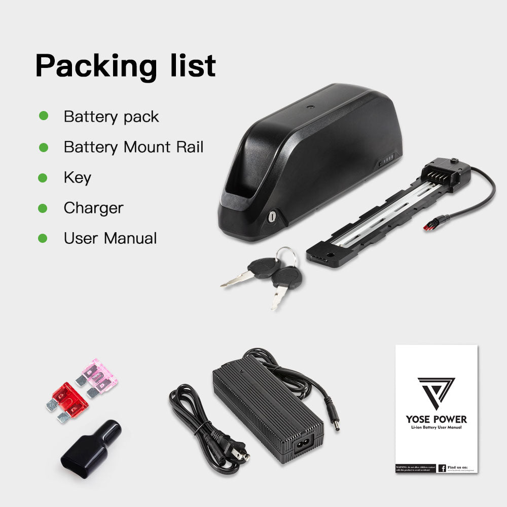 E-Bike Battery 48V 17.4Ah Li-ion Pedelec Battery with Anderson Plug E-Bike Down Tube  for 48V 250W-1200W Motor Kit, with Chager,key,Discharger connector  1.Technical Data  Voltage: 48V Capacity: 17.4Ah Energy: 837Wh Discharging plug: 5 Pins Weight(with holder): ca. 4.7kg Cell: High Power 18650 Cycle Life(time): 1000+ Standard Current: 10A Max Current: 30A Protect Current: 60A End Voltage: 36.4V Charge Voltage: 54.6V Charge Current: 3A