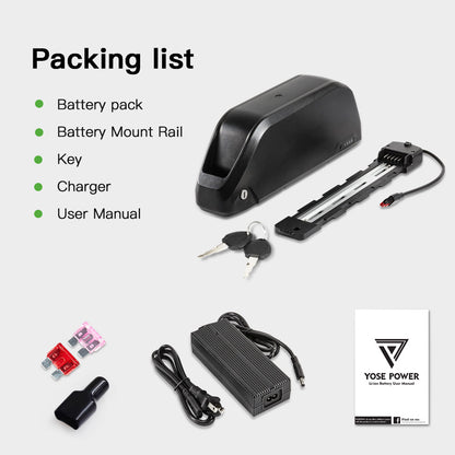 E-Bike Battery 48V 17.4Ah Li-ion Pedelec Battery with Anderson Plug E-Bike Down Tube  for 48V 250W-1200W Motor Kit, with Chager,key,Discharger connector  1.Technical Data  Voltage: 48V Capacity: 17.4Ah Energy: 837Wh Discharging plug: 5 Pins Weight(with holder): ca. 4.7kg Cell: High Power 18650 Cycle Life(time): 1000+ Standard Current: 10A Max Current: 30A Protect Current: 60A End Voltage: 36.4V Charge Voltage: 54.6V Charge Current: 3A