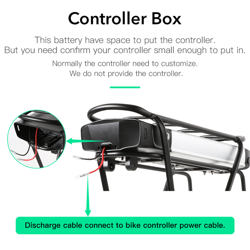 36V 13Ah Lithium Battery with Rear Carrier Fit for 36V 250W-750W Motor 26"-28" Bike only Fit V-Brakes  1.Technical Data  Voltage: 36V  Capacity: 13Ah  Energy: 481Wh  Weight(with holder): ca. 7.1kg  Cell: High Power 18650 Cycle Life(time): 1000+ Max Current: 40A Protect Current: 50A End Voltage: 28V  Charge Voltage: 42V Charge Current: 2A 