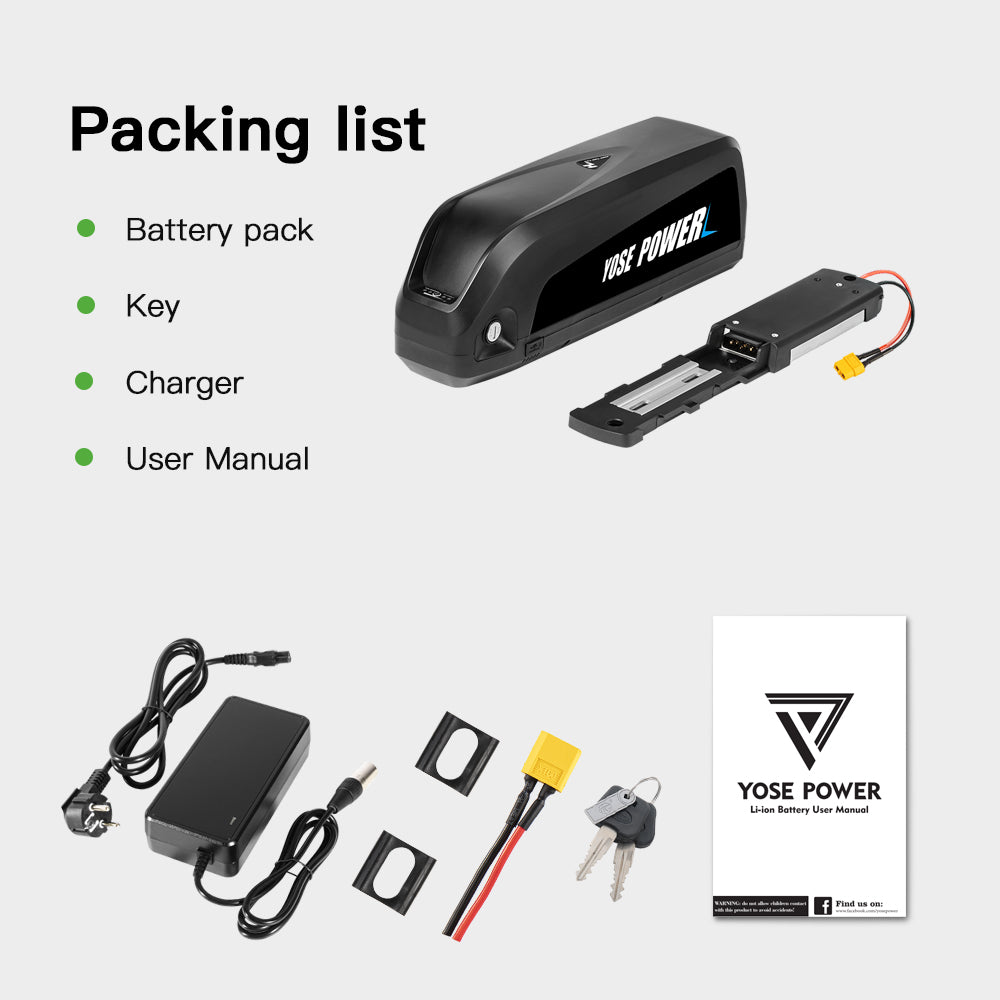 48V20Ah HaiLong G80 Down Tube Lithium-ion Black Pedelec Battery with USB ,Charger,Key,Discharger Connector，5 Gold-plated round plug 1.Technical Data Voltage: 48V Capacity: 20Ah Discharging plug: 5 Gold-plated round plug Energy: 960Wh Weight(with holder): ca. 4.8kg Cell: Lishen-LR2170SD Cycle Life(time): 1000+ USB Outpu: 5V1A Max Current: 40A Protect Current: 70A End Voltage: 36.4V Charge Voltage: 54.6V Charge Current: 3A