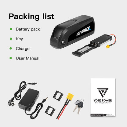 48V20Ah HaiLong G80 Down Tube Lithium-ion Black Pedelec Battery with USB ,Charger,Key,Discharger Connector，5 Gold-plated round plug 1.Technical Data Voltage: 48V Capacity: 20Ah Discharging plug: 5 Gold-plated round plug Energy: 960Wh Weight(with holder): ca. 4.8kg Cell: Lishen-LR2170SD Cycle Life(time): 1000+ USB Outpu: 5V1A Max Current: 40A Protect Current: 70A End Voltage: 36.4V Charge Voltage: 54.6V Charge Current: 3A