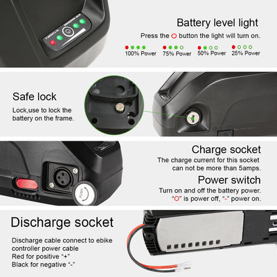 48V 13Ah Down Tube 18650 Lithium-ion Black Pedelec Battery with USB ,Charger,Key,Discharge Connector  1.Technical Data   Voltage: 48V Capaticy: 13Ah Energy: 624Wh Weight(with holder): ca. 4.2kg Cell: High Power 18650 Cycle Life(time): 1000+ Standard Current: 10A Max Current: 30A Protect Current: 50A End Voltage: 36.4V Charge Voltage: 54.6V Charge Current: 2A