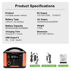 Powerstation 300W 288Wh battery Mobile power storage and solar generator with 2 x 110V AC, 3 x 12V DC, 3 x USB, PD 27W, LED lights, generators for camping, outdoor, garden  1. Technical details Capacity: 8000mAh/3.6V288Wh DC Input : DC19V 3.42A Type-C Output : PD 27W  5V3A/9V3A USB Outputs : 5V 2.4A*3 AC Continuous Power:300W Weight: 3.5kg Dimensions: 215*160*192mm