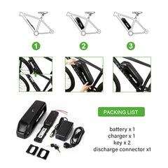 48V 13Ah Down Tube 18650 Lithium-ion Black Pedelec Battery with USB ,Charger,Key,Discharge Connector  1.Technical Data   Voltage: 48V Capaticy: 13Ah Energy: 624Wh Weight(with holder): ca. 4.2kg Cell: High Power 18650 Cycle Life(time): 1000+ Standard Current: 10A Max Current: 30A Protect Current: 50A End Voltage: 36.4V Charge Voltage: 54.6V Charge Current: 2A