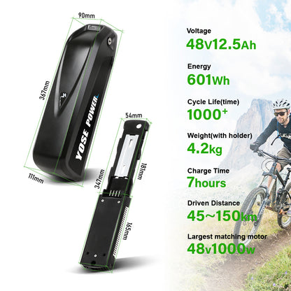 48V 12.5Ah Down Tube 18650 Lithium-ion Black Pedelec Battery with USB ,Charger,Key,Discharger Connector  1.Technical Data   Voltage: 48V Capacity: 12.5Ah Energy: 601Wh Weight(with holder): ca. 4.2kg Cell: High Power 18650 Cycle Life(time): 1000+ Standard Current: 10A Max Current: 30A Protect Current: 50A End Voltage: 36.4V Charge Voltage: 54.6V Charge Current: 2A