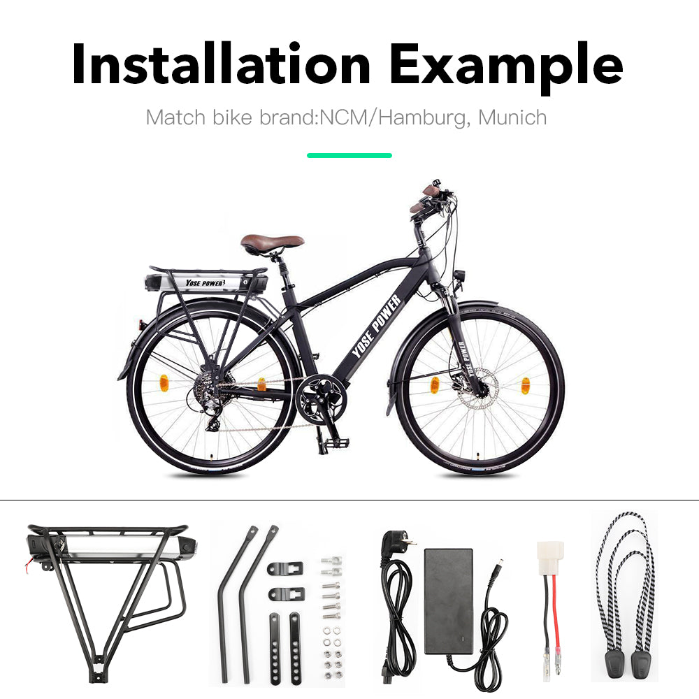 36V 13Ah Lithium Battery with Rear Carrier Fit for 36V 250W-750W Motor 26"-28" Bike only Fit V-Brakes  1.Technical Data  Voltage: 36V  Capacity: 13Ah  Energy: 481Wh  Weight(with holder): ca. 7.1kg  Cell: High Power 18650 Cycle Life(time): 1000+ Max Current: 40A Protect Current: 50A End Voltage: 28V  Charge Voltage: 42V Charge Current: 2A 
