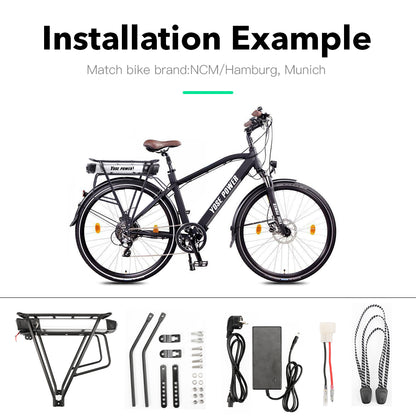 36V 13Ah Lithium Battery with Rear Carrier Fit for 36V 250W-750W Motor 26"-28" Bike only Fit V-Brakes  1.Technical Data  Voltage: 36V  Capacity: 13Ah  Energy: 481Wh  Weight(with holder): ca. 7.1kg  Cell: High Power 18650 Cycle Life(time): 1000+ Max Current: 40A Protect Current: 50A End Voltage: 28V  Charge Voltage: 42V Charge Current: 2A 