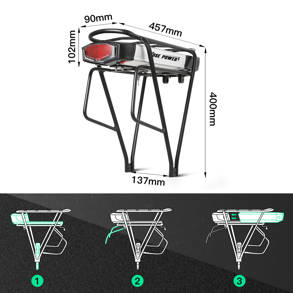 36V 13Ah Lithium Battery with Rear Carrier Fit for 36V 250W-750W Motor 26"-28" Bike only Fit V-Brakes  1.Technical Data  Voltage: 36V  Capacity: 13Ah  Energy: 481Wh  Weight(with holder): ca. 7.1kg  Cell: High Power 18650 Cycle Life(time): 1000+ Max Current: 40A Protect Current: 50A End Voltage: 28V  Charge Voltage: 42V Charge Current: 2A 