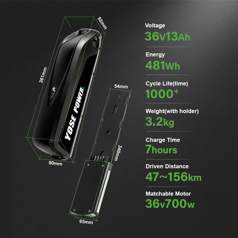 36V 13Ah Down Tube HaiLong 18650 Pedelec Lithium-ion Black Electric  Bicycle Battery, 4Pins Plug and XT60 Adapter ,with Charger,Key,Discharger Connector  1.Technical Data  Voltage: 36V Capacity:  13Ah Discharging plug: 4 Pins Energy:  481Wh Weight(with holder): ca.  3.2kg Cell: High Power 18650 Cycle Life(time): 1000+ Standard Current: 10A Max Current: 20A Protect Current: 50A End Voltage:  28V Charge Voltage: 42V Charge Current: 2A