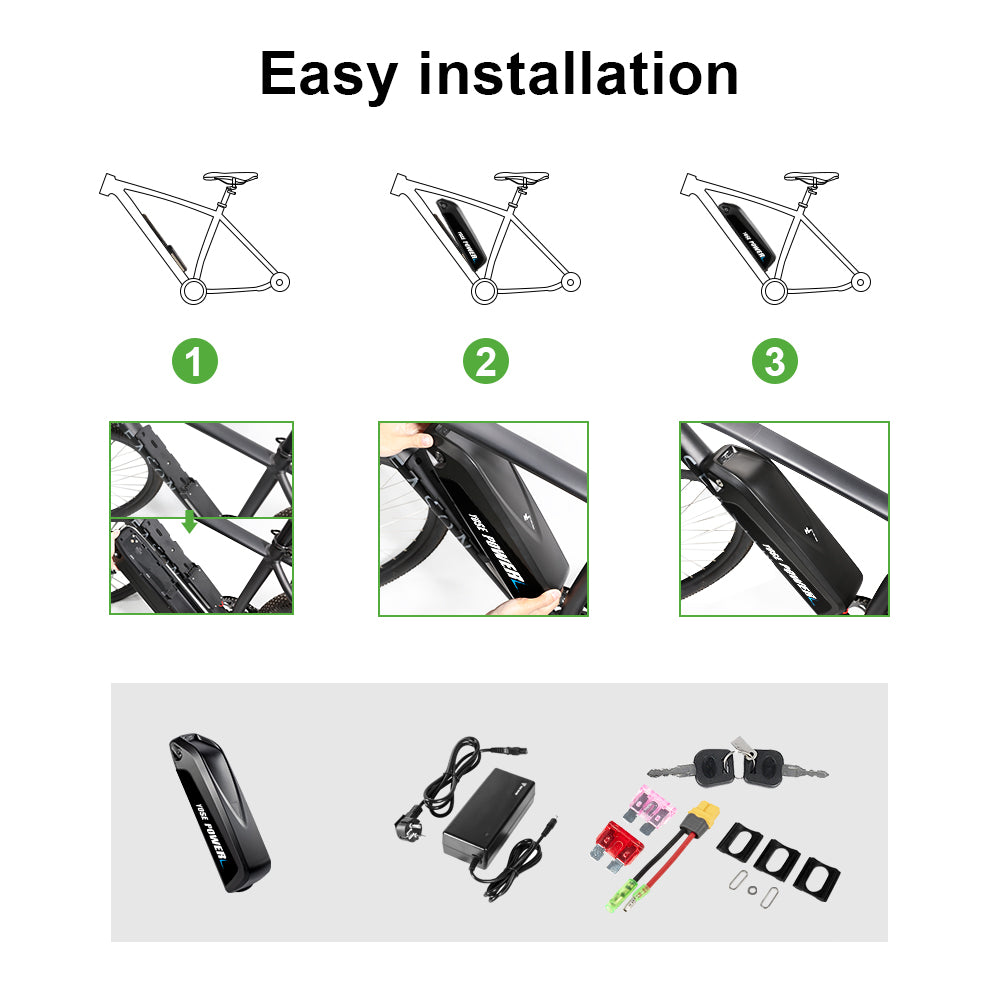 36V 13Ah Down Tube HaiLong 18650 Pedelec Lithium-ion Black Electric  Bicycle Battery, 4Pins Plug and XT60 Adapter ,with Charger,Key,Discharger Connector  1.Technical Data  Voltage: 36V Capacity:  13Ah Discharging plug: 4 Pins Energy:  481Wh Weight(with holder): ca.  3.2kg Cell: High Power 18650 Cycle Life(time): 1000+ Standard Current: 10A Max Current: 20A Protect Current: 50A End Voltage:  28V Charge Voltage: 42V Charge Current: 2A