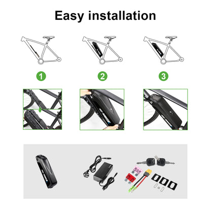 36V 13Ah Down Tube HaiLong 18650 Pedelec Lithium-ion Black Electric  Bicycle Battery, 4Pins Plug and XT60 Adapter ,with Charger,Key,Discharger Connector  1.Technical Data  Voltage: 36V Capacity:  13Ah Discharging plug: 4 Pins Energy:  481Wh Weight(with holder): ca.  3.2kg Cell: High Power 18650 Cycle Life(time): 1000+ Standard Current: 10A Max Current: 20A Protect Current: 50A End Voltage:  28V Charge Voltage: 42V Charge Current: 2A